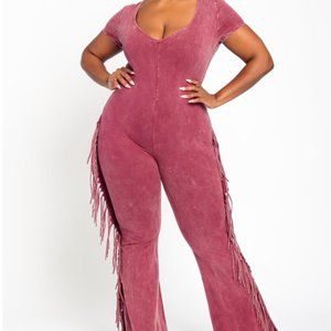 Fringe Acid Wash Burgundy Jumpsuit